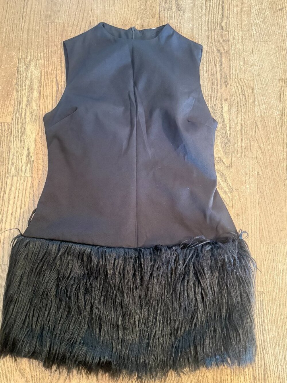 Women Summer Fluffy Faux Fur Sleeveless BLACK Solid Color Short Dress